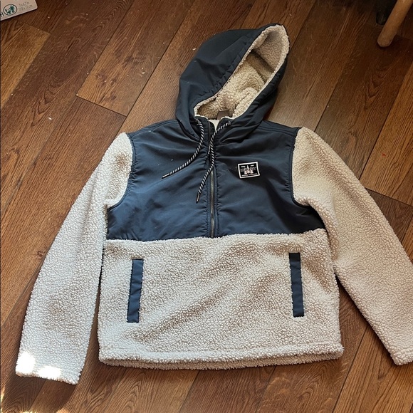 Hurley Tops - Hurley Cozy Two-Toned Navy&Cream Sherpa Quarter Zip Fleece Hooded Pullover Small